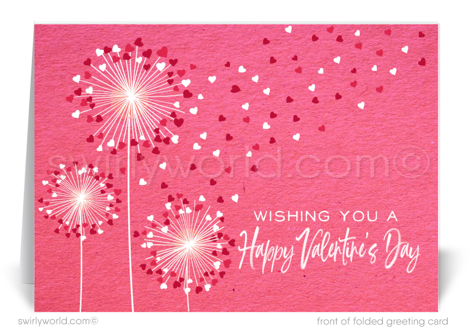 Whimsical dandelion make a wish with hearts happy Valentine's Day cards for business clients.
