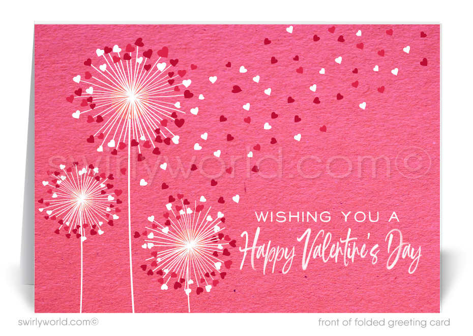 The front of the card features an enchanting illustration of dandelion plants adorned with delicate little hearts at the ends of their stems, symbolizing love and care. The hearts appear to be gently blowing in the wind, creating a dreamy and whimsical atmosphere. 