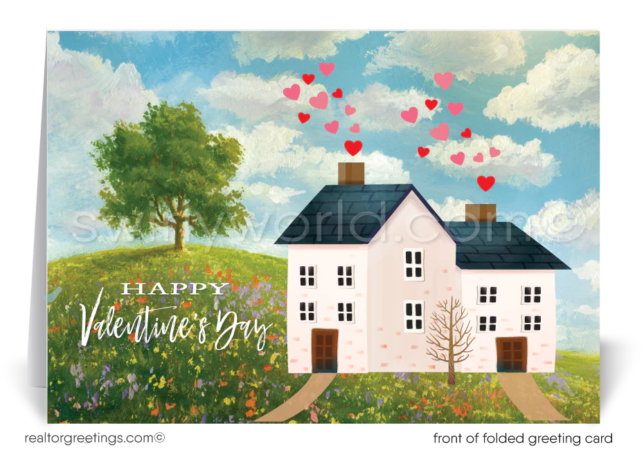 Beautiful country house with hearts coming out of chimney happy Valentine's Day greeting cards for realtors and real estate agents.