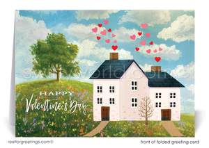 Celebrate Valentine's Day with a unique touch using our "Home is Where the Heart Is" greeting card, specially designed for realtors. The front of the card charmingly displays a quaint farm house nestled in the country, with whimsical hearts floating out of the chimney. This delightful illustration not only conveys love and happiness but also subtly echoes the joy of finding the perfect home.