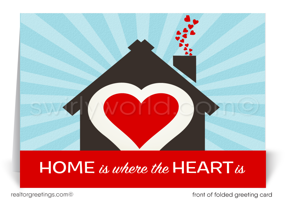 This Valentine greeting card features a charming house with a red heart-shaped door, it beautifully expresses the sentiment that home is truly where the heart is!