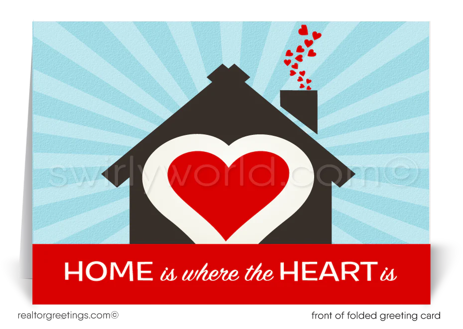 Client Retro Happy Valentine's Day Cards for Realtors®. Unique retro house with hearts happy Valentine's Day greeting cards for professional realtors.