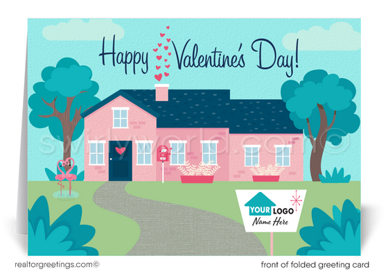 Cute Client Retro Pink House Happy Valentine's Day Cards for Realtors®, Retro pink house with hearts floating out of chimney happy Valentine's Day cards for Realtors.