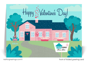 This delightful Valentine's Day greeting card is adorned with an endearing illustration of a quaint pink house, epitomizing the comfort and affection that make a house truly feel like a home. The playful addition of hearts whimsically drifting from the chimney captures a message of charm and heartfelt sentiment.