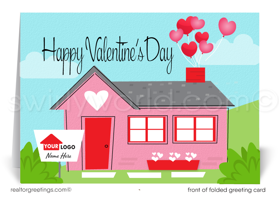 This delightful Valentine's Day greeting card is adorned with an endearing illustration of a quaint pink house, epitomizing the comfort and affection that make a house truly feel like a home. The playful addition of hearts whimsically drifting from the chimney captures a message of charm and heartfelt sentiment.