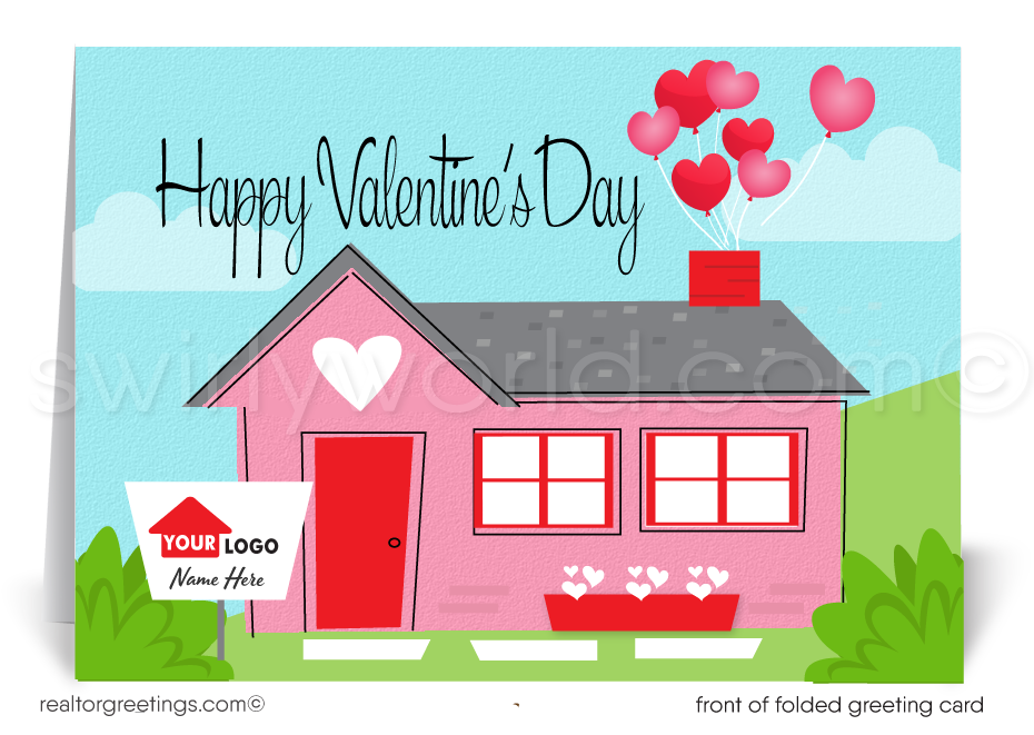 Cute Client Retro Pink House Happy Valentine's Day Cards for Realtors®. Adorable pink house with hearts coming out of the chimney Valentine's Day greeting cards for Realtors. 