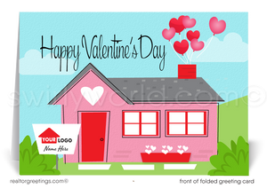This delightful Valentine's Day greeting card is adorned with an endearing illustration of a quaint pink house, epitomizing the comfort and affection that make a house truly feel like a home. The playful addition of hearts whimsically drifting from the chimney captures a message of charm and heartfelt sentiment.