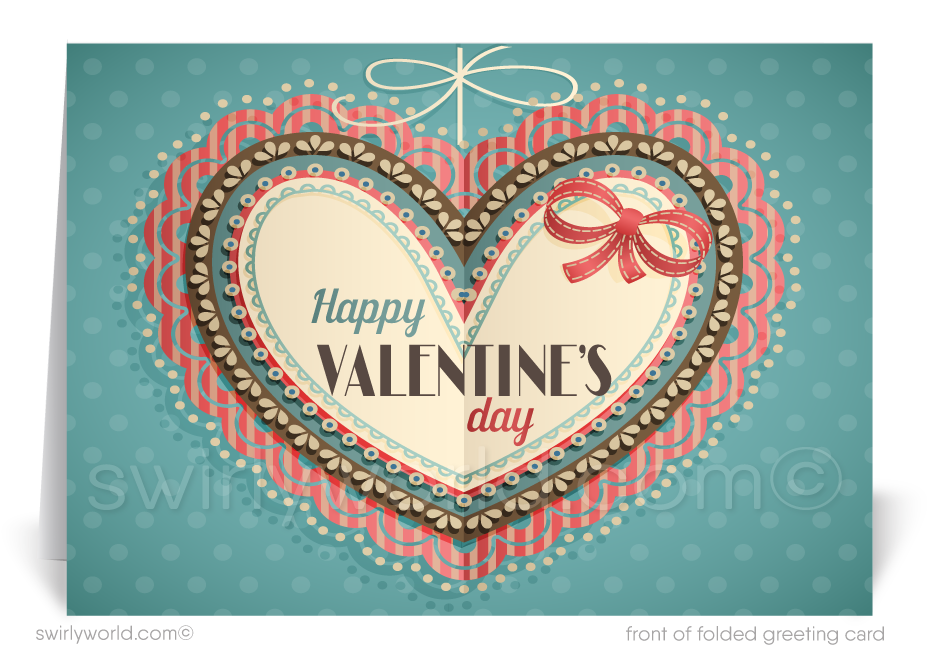 This Valentine's Day, elevate your expression of gratitude and appreciation with our elegantly designed greeting cards, crafted especially for business professionals. Our card features a vintage style Victorian inspired heart with retro typography saying "Happy Valentine's Day" inscribed on front.