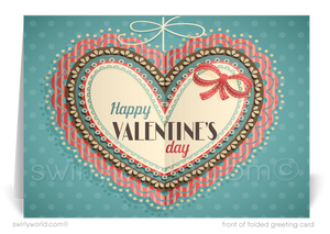 This Valentine's Day, elevate your expression of gratitude and appreciation with our elegantly designed greeting cards, crafted especially for business professionals. Our card features a vintage style Victorian inspired heart with retro typography saying "Happy Valentine's Day" inscribed on front.