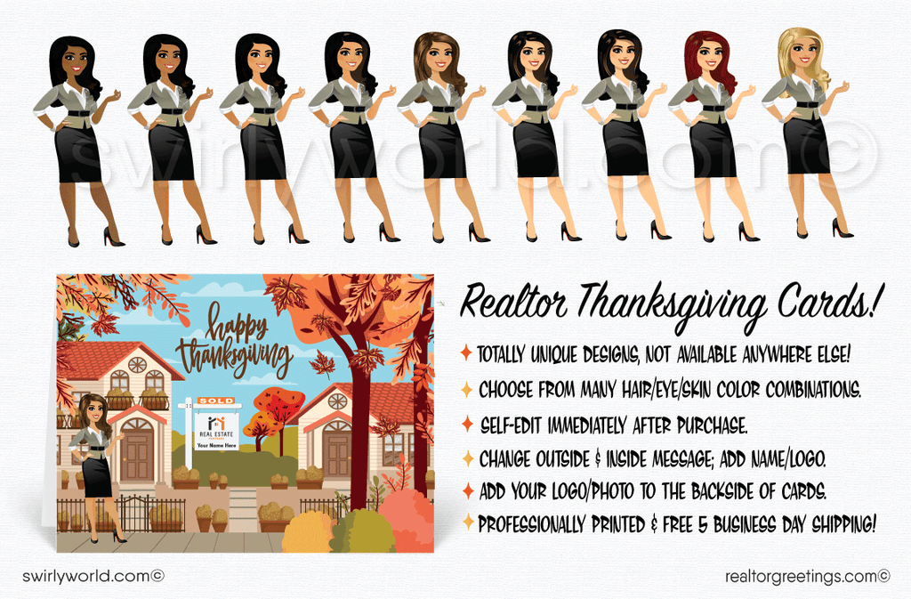Strengthen client connections with Swirly World's personalized Thanksgiving realtor greeting cards. Customize the woman realtor character's hair, eyes, and skin tone. Choose flat or folded styles, with optional imprinted envelopes. Perfect for showing gratitude to clients in a charming autumn scene!