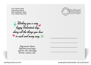 Retro mid-century modern vintage style atomic mod starbursts happy Valentine's Day digital download postcards.