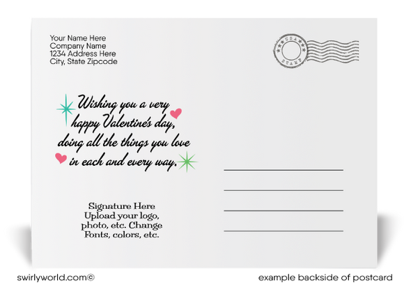 Retro mid-century modern vintage style atomic mod starbursts happy Valentine's Day digital download postcards.
