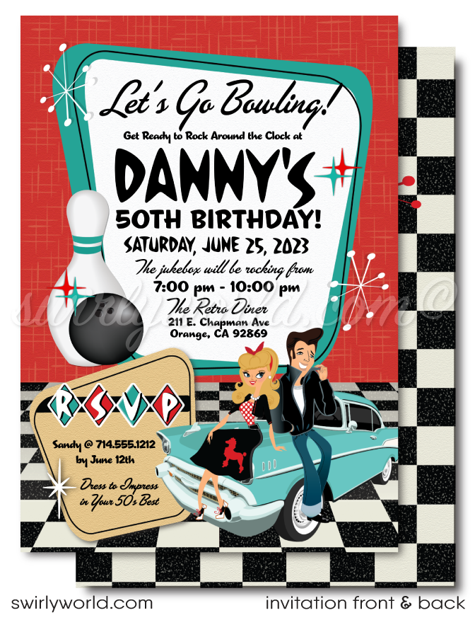 Step back to the 1950s with our Retro Rockabilly Bowling Birthday Party Invitation Set! 🎳✨ Featuring a stylish couple, poodle skirt, leather jacket, and 1957 Chevy car. Customize hair, skin, and eye colors. Includes printed invitations, thank you cards, and envelopes. Perfect for a nostalgic celebration!