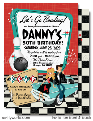 Step back to the 1950s with our Retro Rockabilly Bowling Birthday Party Invitation Set! 🎳✨ Featuring a stylish couple, poodle skirt, leather jacket, and 1957 Chevy car. Customize hair, skin, and eye colors. Includes printed invitations, thank you cards, and envelopes. Perfect for a nostalgic celebration!