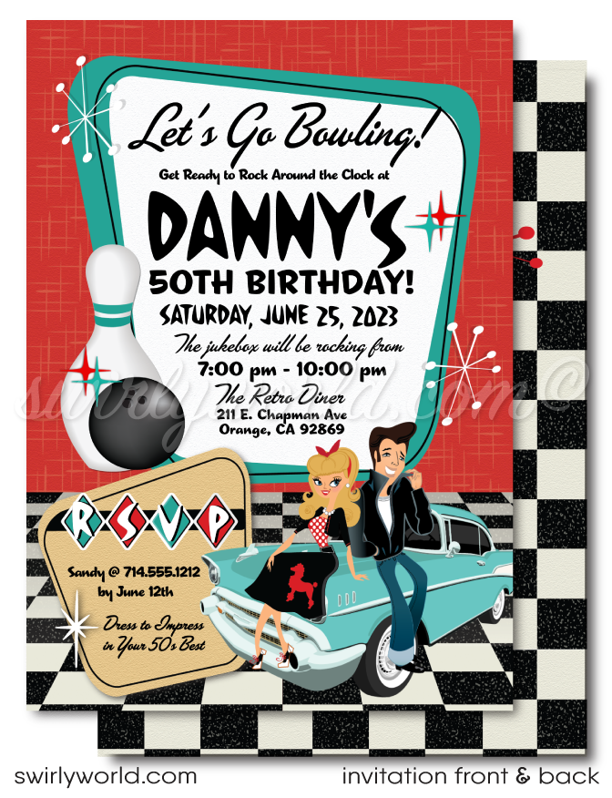 Retro vintage rockabilly "Let's Bowl" red and aqua blue 1950s rockabilly bowling party classic car show birthday; fifties printed invitation and envelope design.