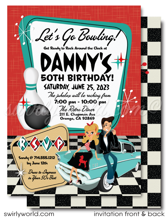 1950s Retro Rockabilly Bowling Alley Grease Rockabilly Party Digital Invitation Download