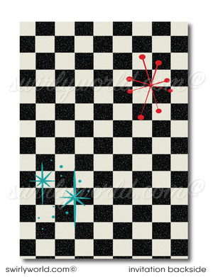 Retro vintage rockabilly "Let's Bowl" red and aqua blue 1950s rockabilly bowling party classic car show birthday; fifties printed invitation and envelope design.