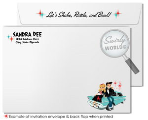 Step back to the 1950s with our Retro Rockabilly Bowling Birthday Party Invitation Set! 🎳✨ Featuring a stylish couple, poodle skirt, leather jacket, and 1957 Chevy car. Customize hair, skin, and eye colors. Includes printed invitations, thank you cards, and envelopes. Perfect for a nostalgic celebration!