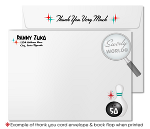 Step back to the 1950s with our Retro Rockabilly Bowling Birthday Party Invitation Set! 🎳✨ Featuring a stylish couple, poodle skirt, leather jacket, and 1957 Chevy car. Customize hair, skin, and eye colors. Includes printed invitations, thank you cards, and envelopes. Perfect for a nostalgic celebration!