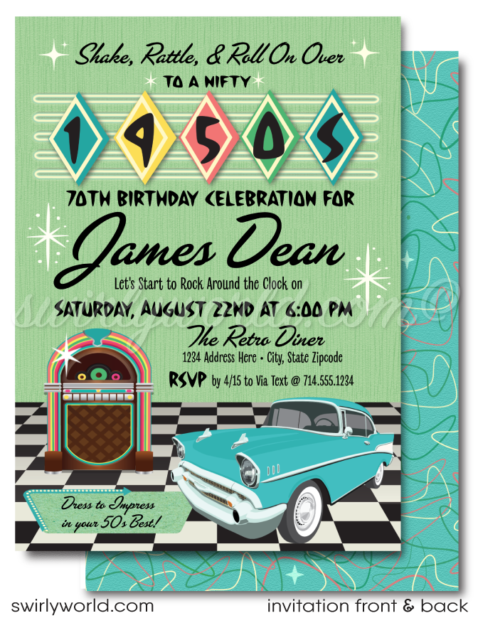 Retro rockabilly 1950s "Nifty Fifties" vintage classic car show birthday party; digital invitation, thank you, & envelope design.