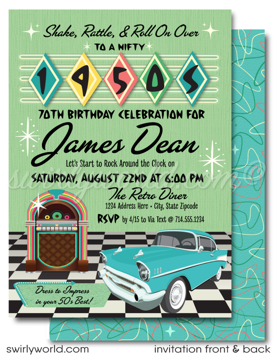 Retro rockabilly 1950s "Nifty Fifties" vintage classic car show birthday party; digital invitation, thank you, & envelope design.