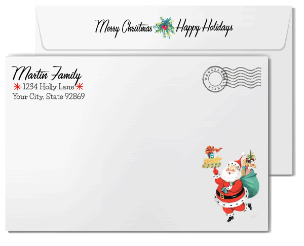 Vintage Retro Christmas Card - Holiday Stocking with Candy Canes, Teal Blue Backdrop & Atomic Starbursts