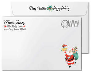 Vintage Retro Christmas Card - Holiday Stocking with Candy Canes, Teal Blue Backdrop & Atomic Starbursts