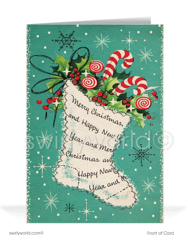 Kitsch retro 1950s aqua blue vintage stocking Merry Christmas mid-century atomic holiday cards.
