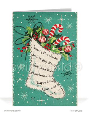 Kitsch retro 1950s aqua blue vintage stocking Merry Christmas mid-century atomic holiday cards.