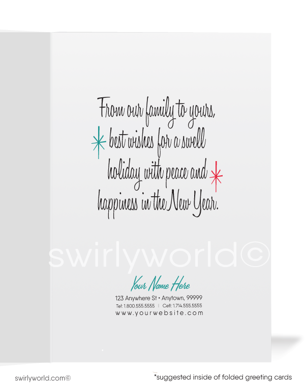 1950s mid-century atomic retro-modern family vintage stockings with names printed holiday Christmas cards.