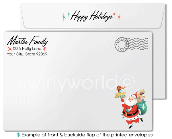Vintage Mid-Century Christmas Card – Customizable Family Stockings with Atomic Starbursts