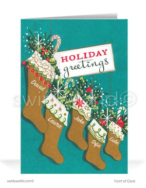 1950s mid-century atomic retro-modern family vintage stockings with names printed holiday Christmas cards.