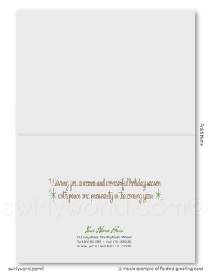 Vintage 1950s Christmas Card - Rustic Pinecones, Starbursts & Evergreen Tree Design, Customizable Holiday Greeting