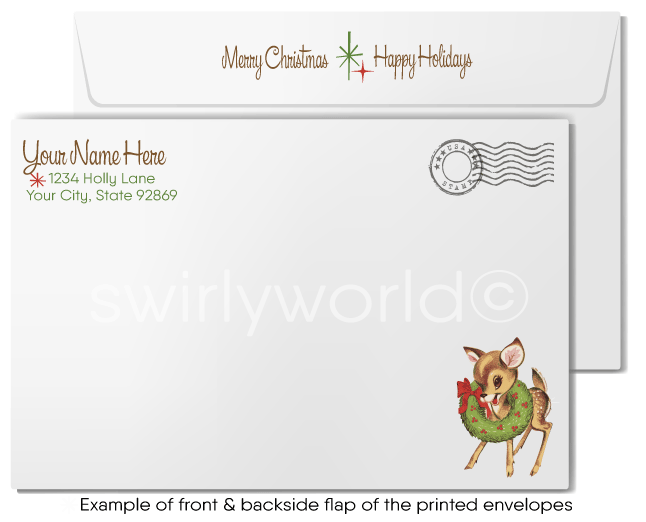 Vintage 1950s Christmas Card - Rustic Pinecones, Starbursts & Evergreen Tree Design, Customizable Holiday Greeting