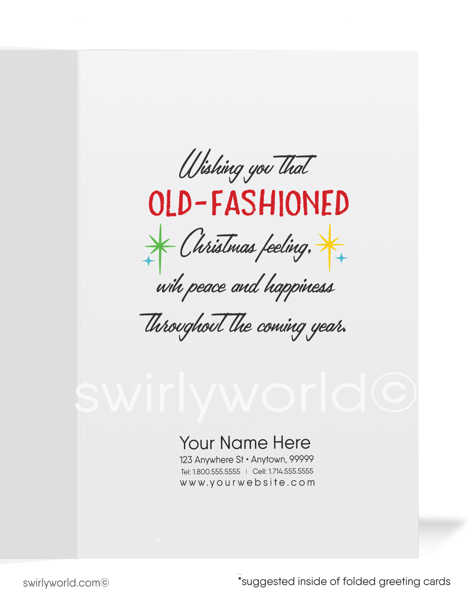 1950's retro mid-century style vintage old-fashioned house Merry Christmas holiday cards.