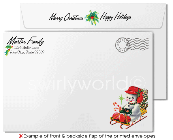 Atomic ranch brick house with snow on roof and holiday sleigh in front yard, holiday Christmas greeting card.