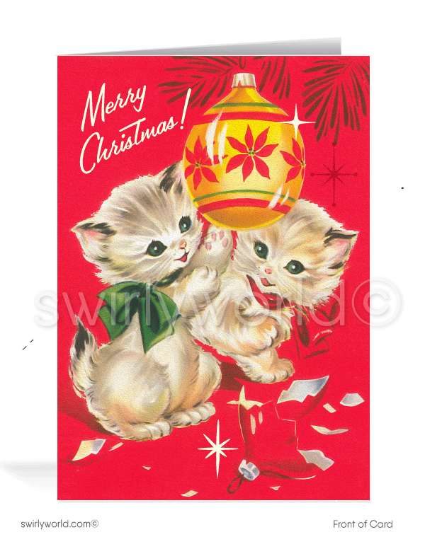 Vintage 1950s Christmas Card with White Kittens and Retro Mid-Century Tree and OrnamentsCards.