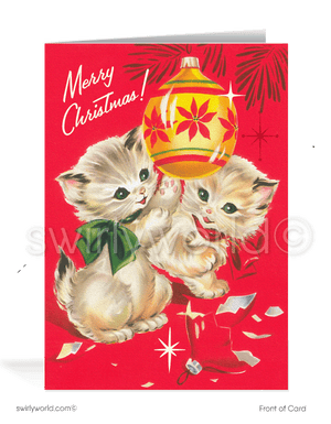 Vintage 1950s Christmas Card with White Kittens and Retro Mid-Century Tree and OrnamentsCards.