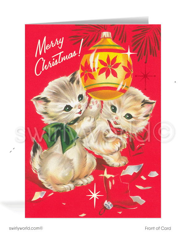 1950s Retro Vintage Mid-Century Style Merry Christmas Kitty Cat Holiday Cards.