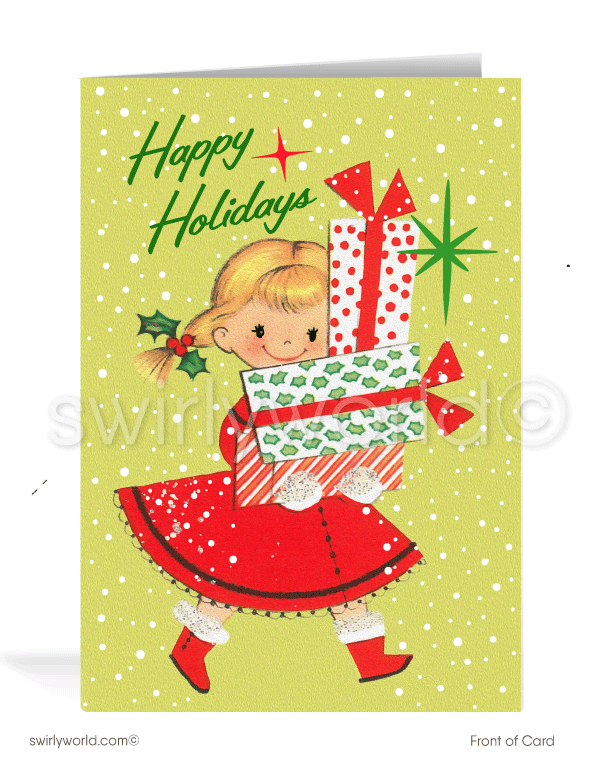 Vintage kitsch retro mid-century 1960s Merry Christmas printed holiday cards for women.