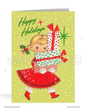 Vintage kitsch retro mid-century 1960s Merry Christmas printed holiday cards for women.