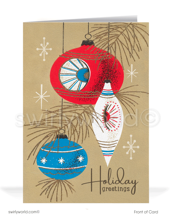 1960s retro atomic mid-century modern hand blown Christmas ornament on vintage tree holiday cards.