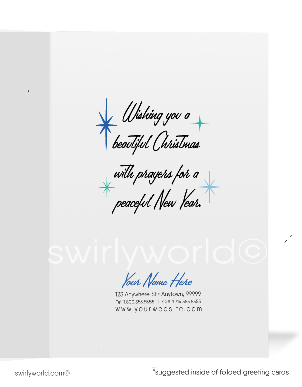 Celebrate Christmas with a rare vintage card featuring the Guadalupe Virgin Mary in serene aqua and green tones, styled in elegant mid-century modern design.