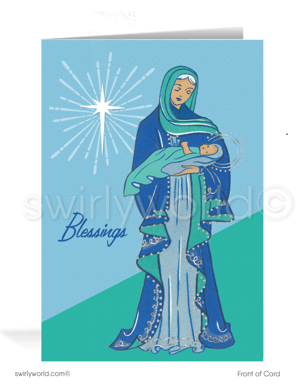 Celebrate Christmas with a rare vintage card featuring the Guadalupe Virgin Mary in serene aqua and green tones, styled in elegant mid-century modern design.