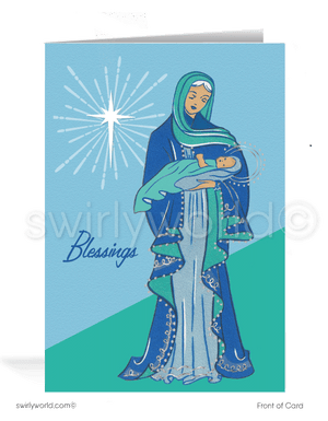 Celebrate Christmas with a rare vintage card featuring the Guadalupe Virgin Mary in serene aqua and green tones, styled in elegant mid-century modern design.