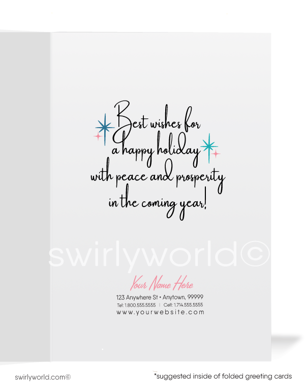 1950's retro mid-century atomic modern vintage pink houses Christmas holiday cards.