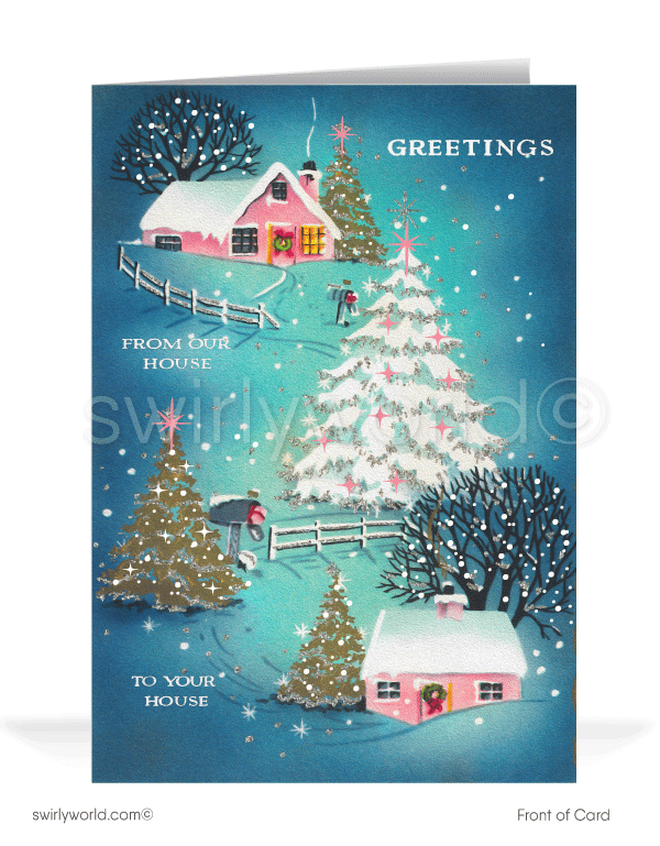 1950's retro mid-century atomic modern vintage pink houses Christmas holiday cards.