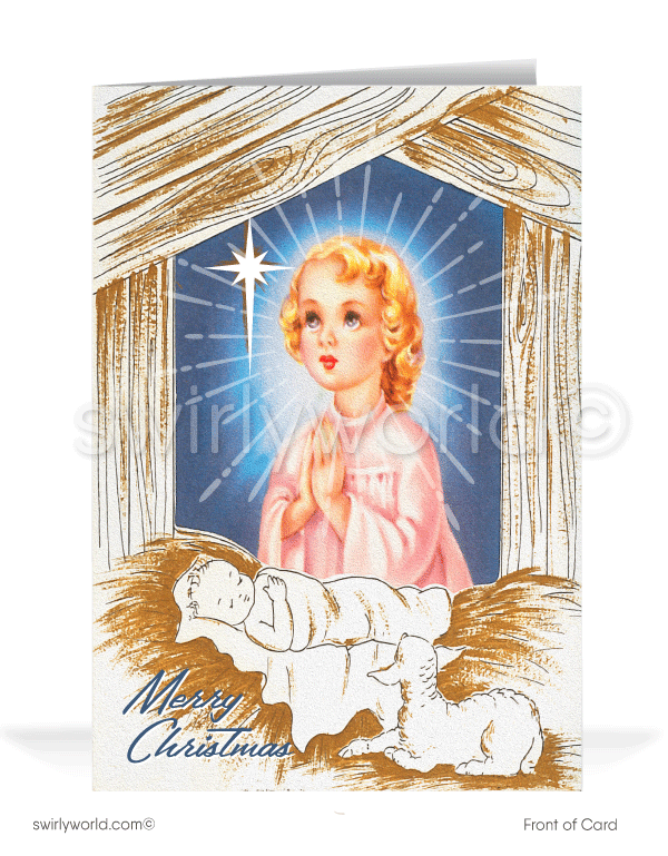 Vintage 1950s-1960s mid-century atomic modern kitsch Christmas angel religious Christian printed holiday cards.