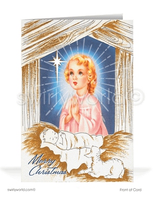 Vintage 1950s-1960s mid-century atomic modern kitsch Christmas angel religious Christian printed holiday cards.