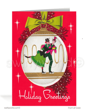 Vintage Art Deco Victorian style retro ice skaters Merry Christmas printed holiday cards.